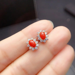 Red Coral Stud Earrings 925 Silver 6*4mm for Daily Wear