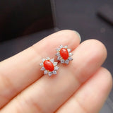 Red Coral Stud Earrings 925 Silver 6*4mm for Daily Wear