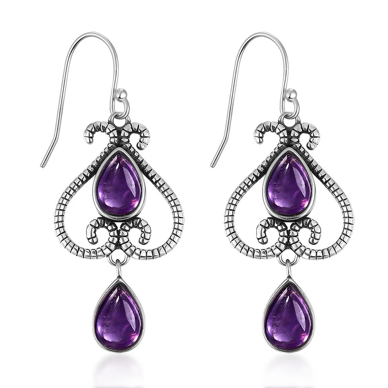 S925 Sterling Silver Ethnic Amethyst Earrings 6X9MM Pear Shape Wedding