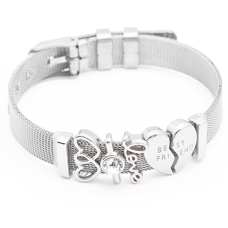 Stainless Steel Mesh Bracelet with Love Heart Charms - Women's Gift