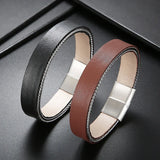 Solid Metal Charm Stainless Steel Leather Bracelet Trim Cowhide Punk Men's