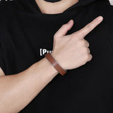 Solid Metal Charm Stainless Steel Leather Bracelet Trim Cowhide Punk Men's