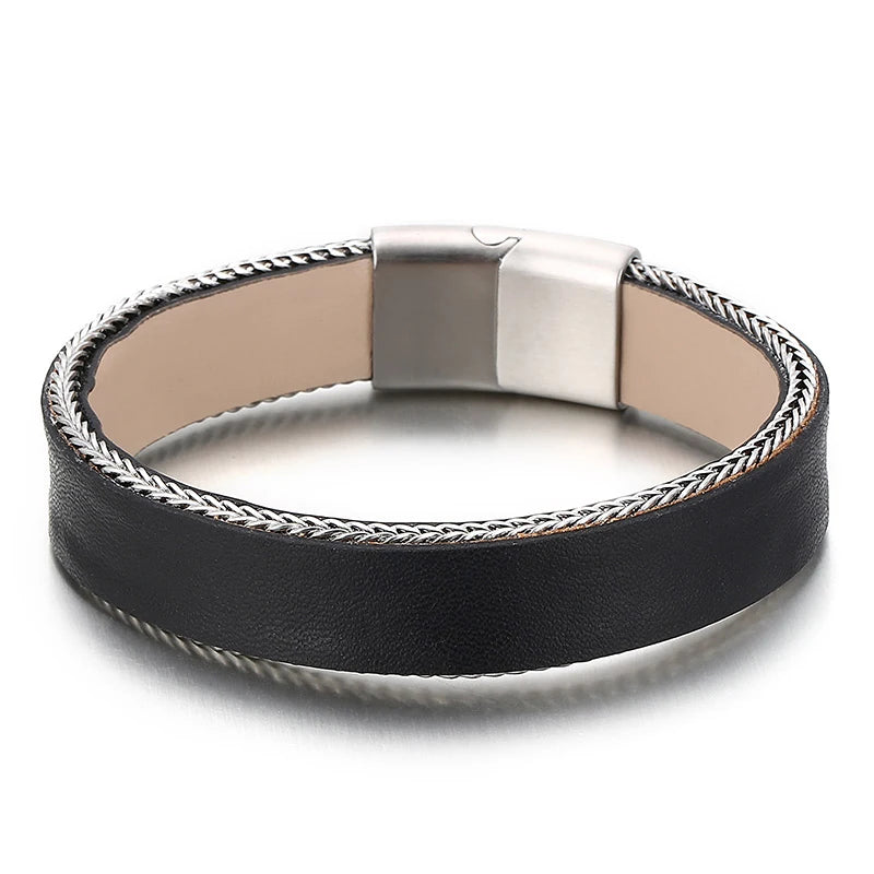 Solid Metal Charm Stainless Steel Leather Bracelet Trim Cowhide Punk Men's