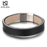 Solid Metal Charm Stainless Steel Leather Bracelet Trim Cowhide Punk Men's