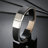 Solid Metal Charm Stainless Steel Leather Bracelet Trim Cowhide Punk Men's