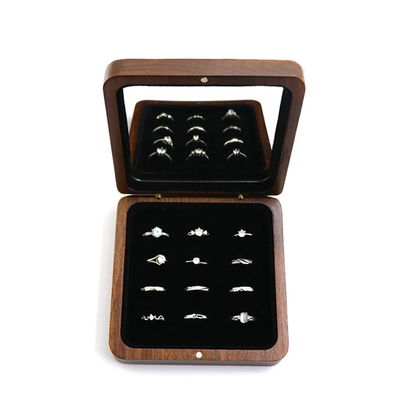Wooden Ring Storage Box with Velvet Lining and Mirror Stand