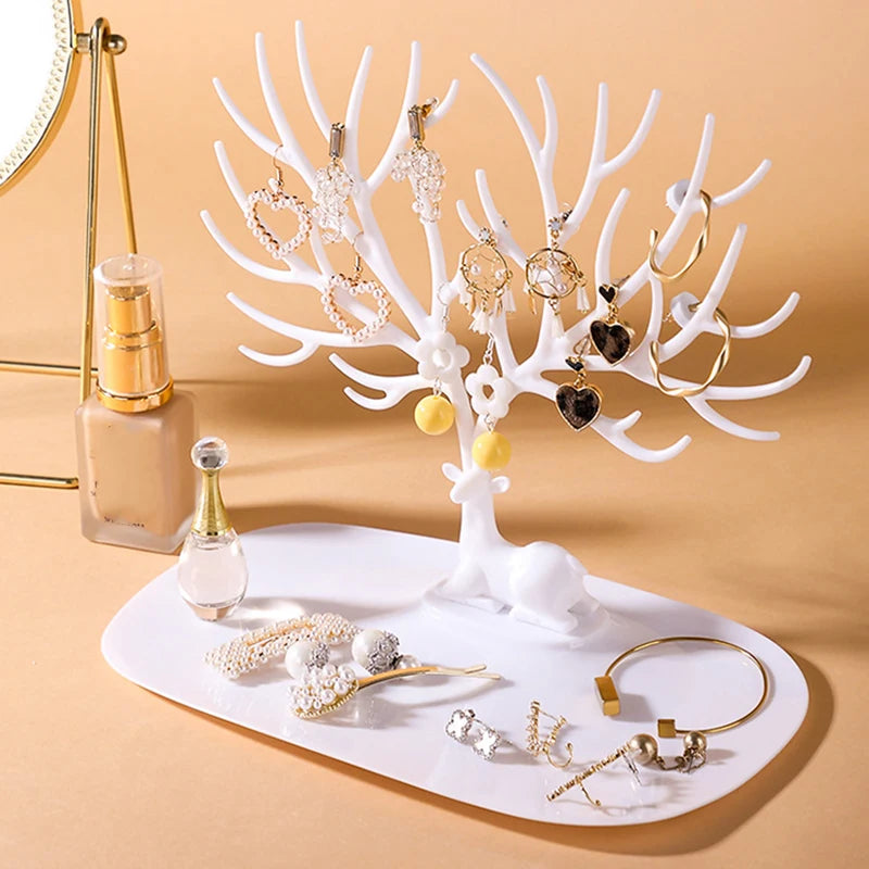 Desktop Jewelry Accessory Organizer Tree Shape Rack With Sitting Deer