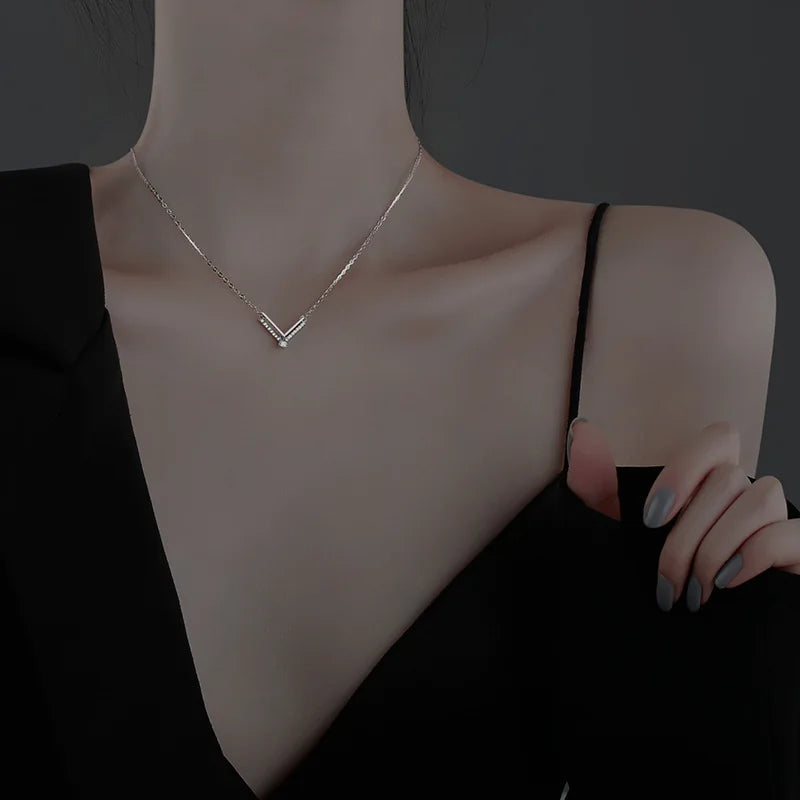 S925 Sterling Silver V Necklace for Women - Pendant Collar Jewelry