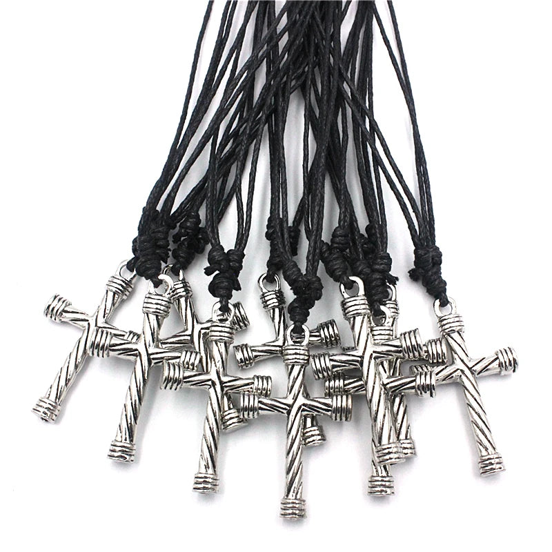10pcs Punk Cross Charms Pendants Necklaces Hip Hop Hemp Rope Chains