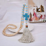 Wooden Bead Cross Tassel Necklace Female Accessories