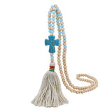 Wooden Bead Cross Tassel Necklace Female Accessories