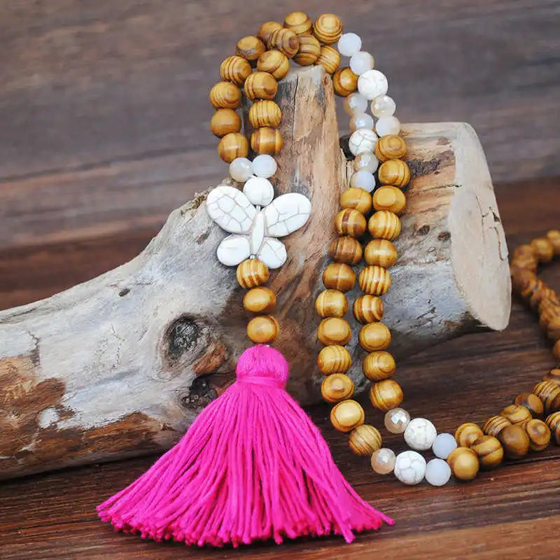 Bohemian Tassel Necklace Wood Bead Sweater Chain
