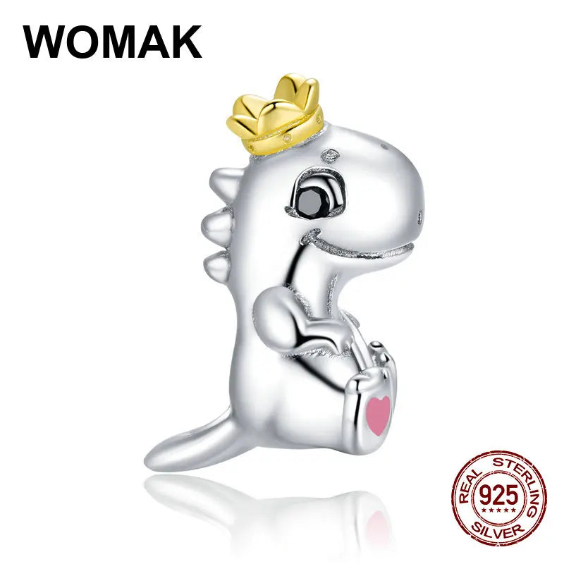 925 Sterling Silver Dinosaur Charm Crown Beads for Bracelet Pendant Women DIY