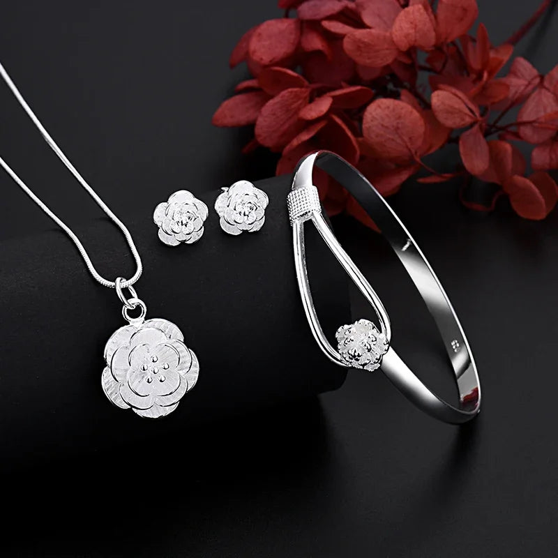925 Sterling Silver Charm Flower Jewelry Set for Women Wedding Gift