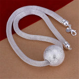 Women Lady 925 Sterling Silver Charm Necklace Frosted Ball Network Chain