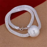 Women Lady 925 Sterling Silver Charm Necklace Frosted Ball Network Chain