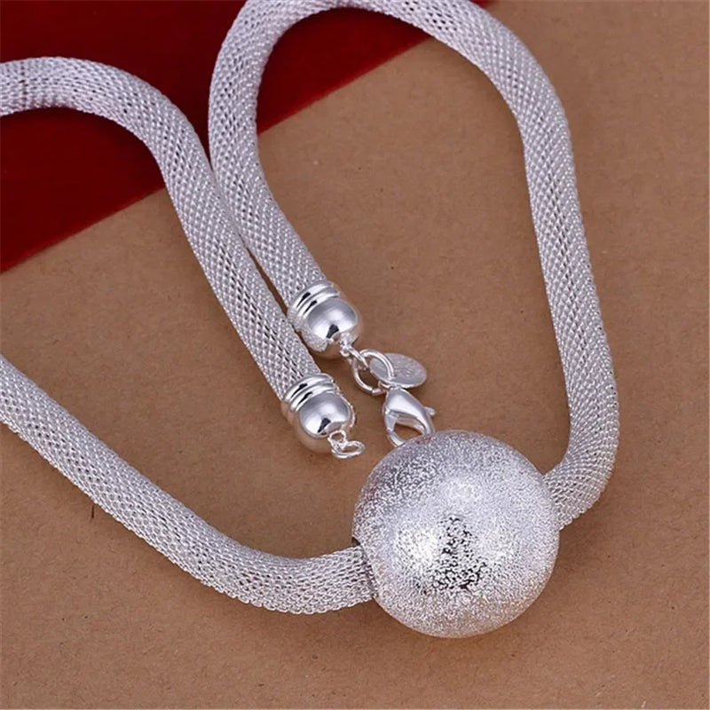 Women Lady 925 Sterling Silver Charm Necklace Frosted Ball Network Chain