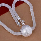 Women Lady 925 Sterling Silver Charm Necklace Frosted Ball Network Chain