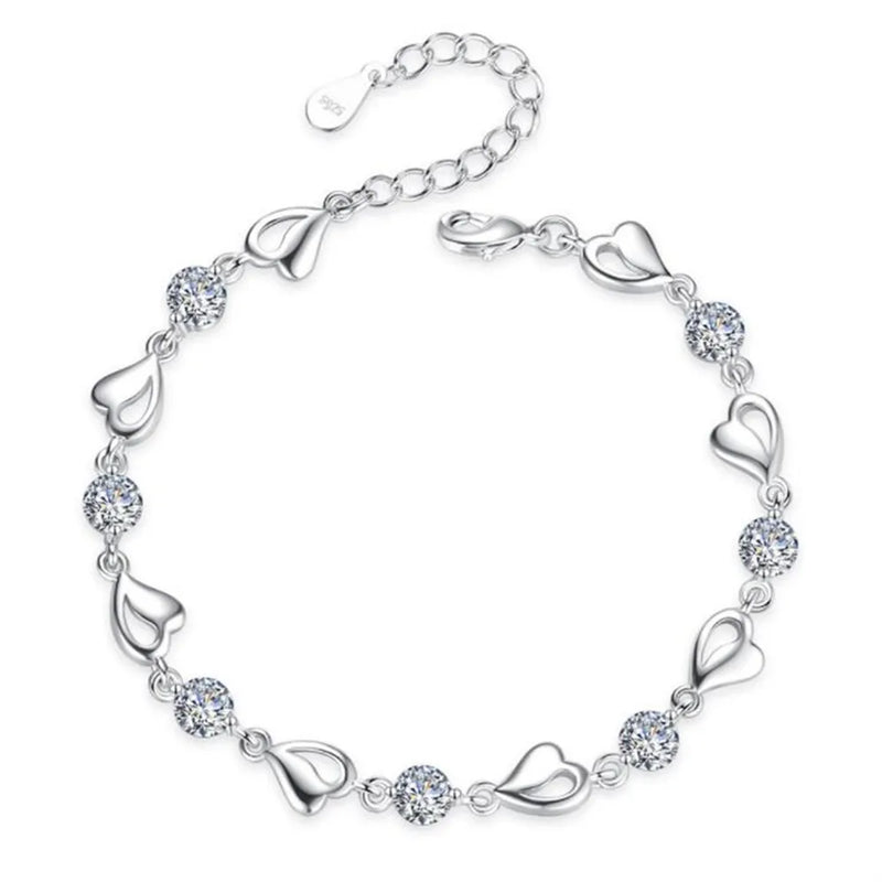 925 Silver Heart Wedding Bracelet Cubic Zirconia 17CM+4CM