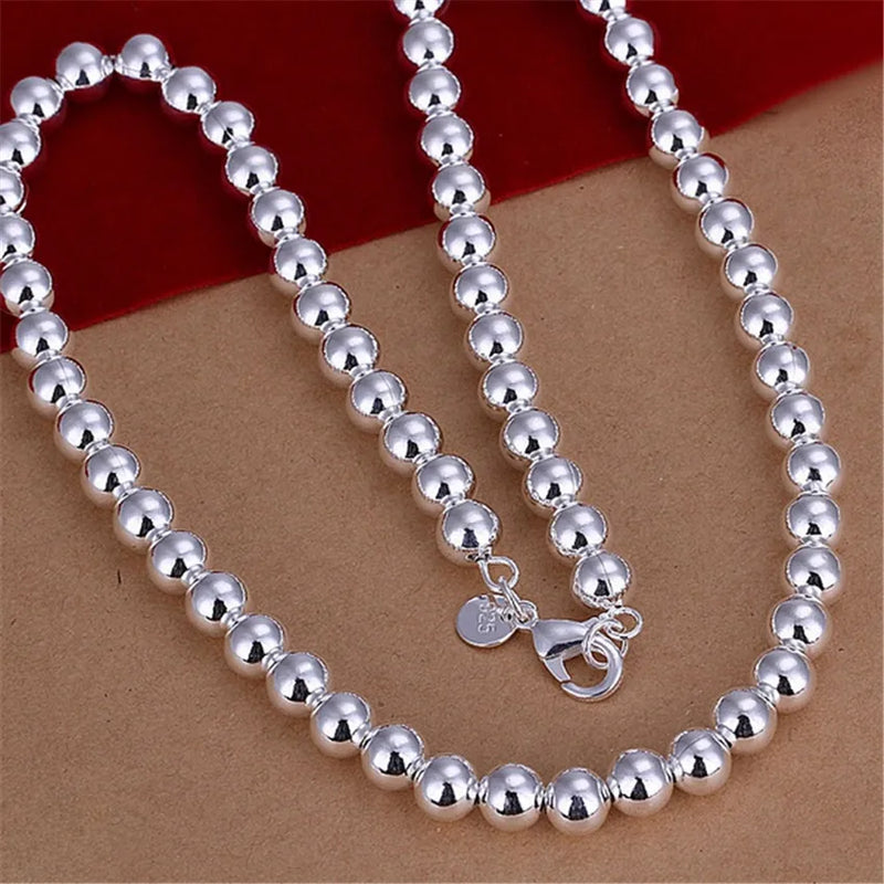925 Sterling Silver 8MM Beads Necklace for Women Men Wedding Jewelry