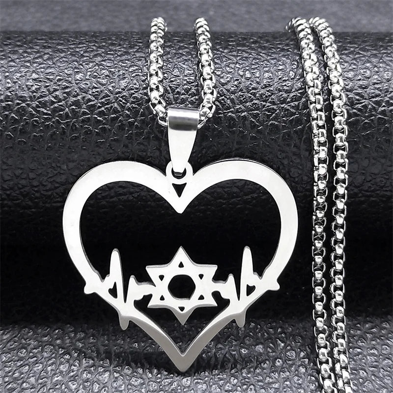 Jewish Hexagram Heart Necklace Star of David Amulet Chain N8095