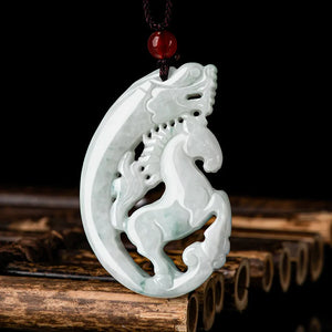 Hand-Carved Natural Jade Dragon Horse Pendant Necklace