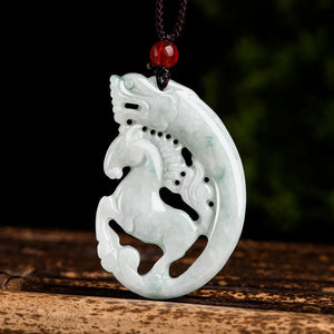 Hand-Carved Natural Jade Dragon Horse Pendant Necklace