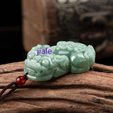 Hand-Carved Natural Myanmar Jade Money Pixiu Emerald Necklace Pendant