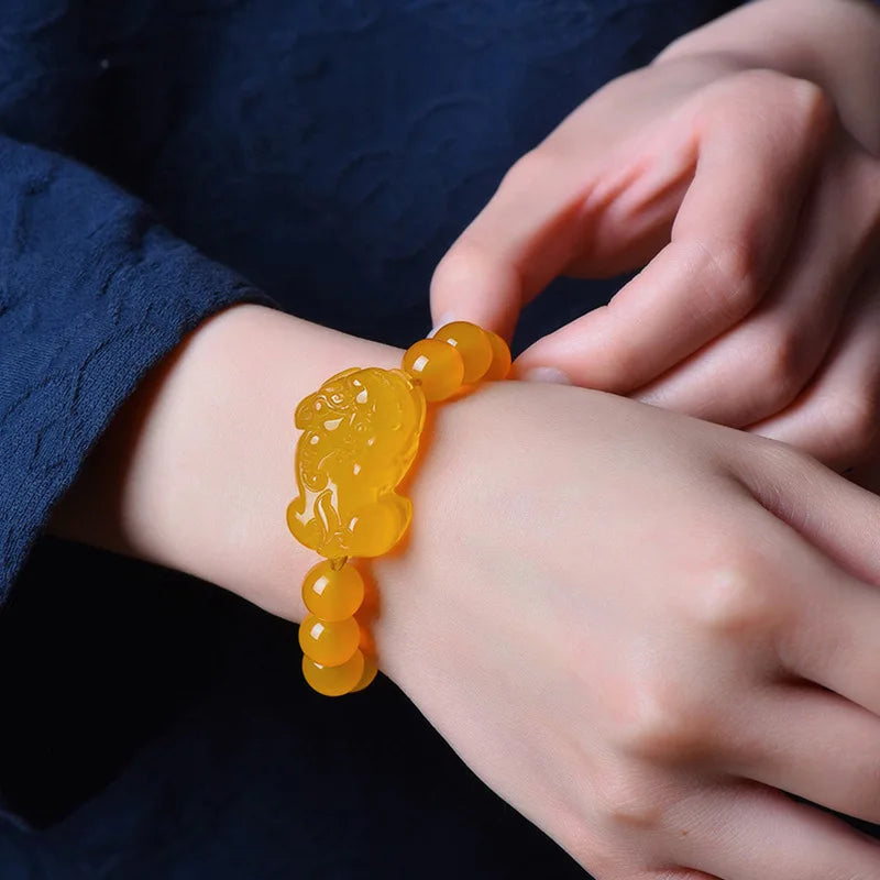 Natural Yellow Agate Lucky Pixiu Bracelet Men Women Couple Jewelry Gift