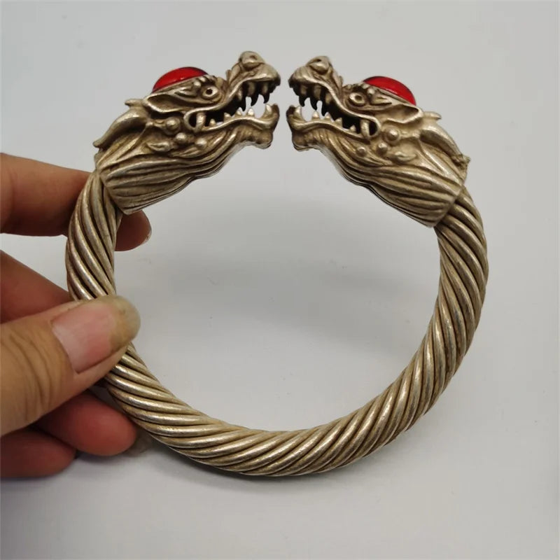 Tibetan Silver Red Jade Bangles Fine Jewelry Men Women Couple Gift