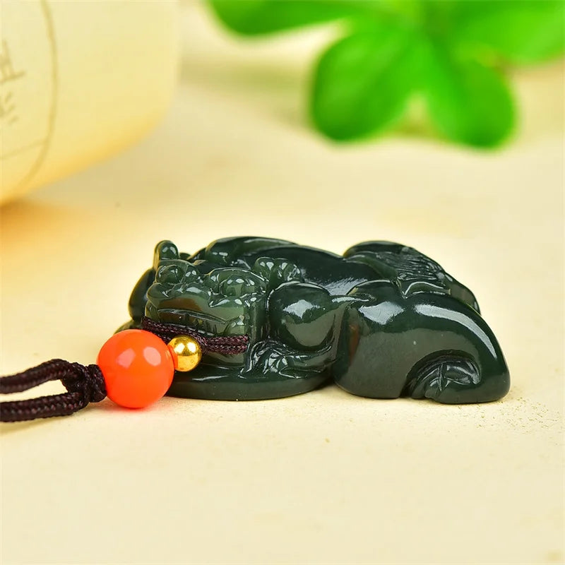 Hand-Carved He Tian Cyan Lucky Pixiu Necklace Pendant