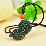 Hand-Carved He Tian Cyan Lucky Pixiu Necklace Pendant