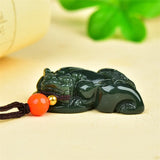 Hand-Carved He Tian Cyan Lucky Pixiu Necklace Pendant