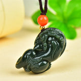 Hand-Carved He Tian Cyan Lucky Pixiu Necklace Pendant