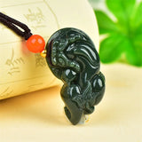 Hand-Carved He Tian Cyan Lucky Pixiu Necklace Pendant