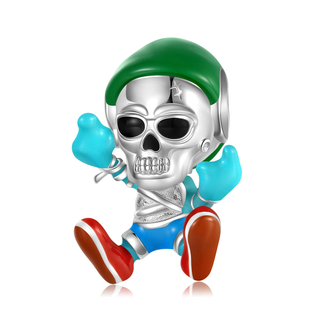 925 Silver Boxing Skull Sports Style Enamel Charm Beads for Women
