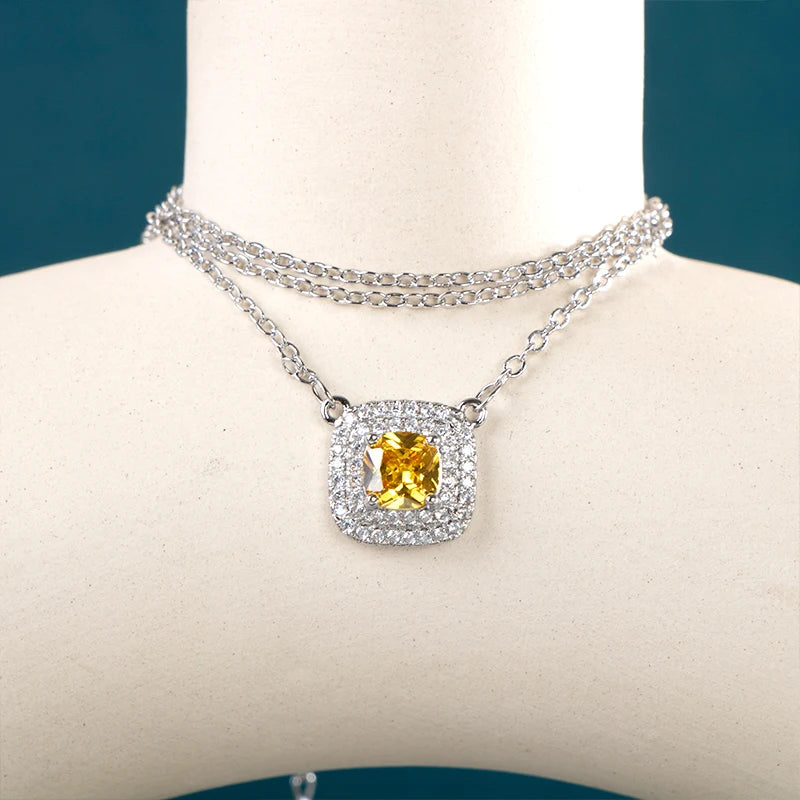 925 Silver Geometry Yellow Zircon Pendant Necklace For Women