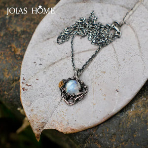 925 Silver Necklace Moonstone Flower Pendant Twig Leaf Separation Necklace