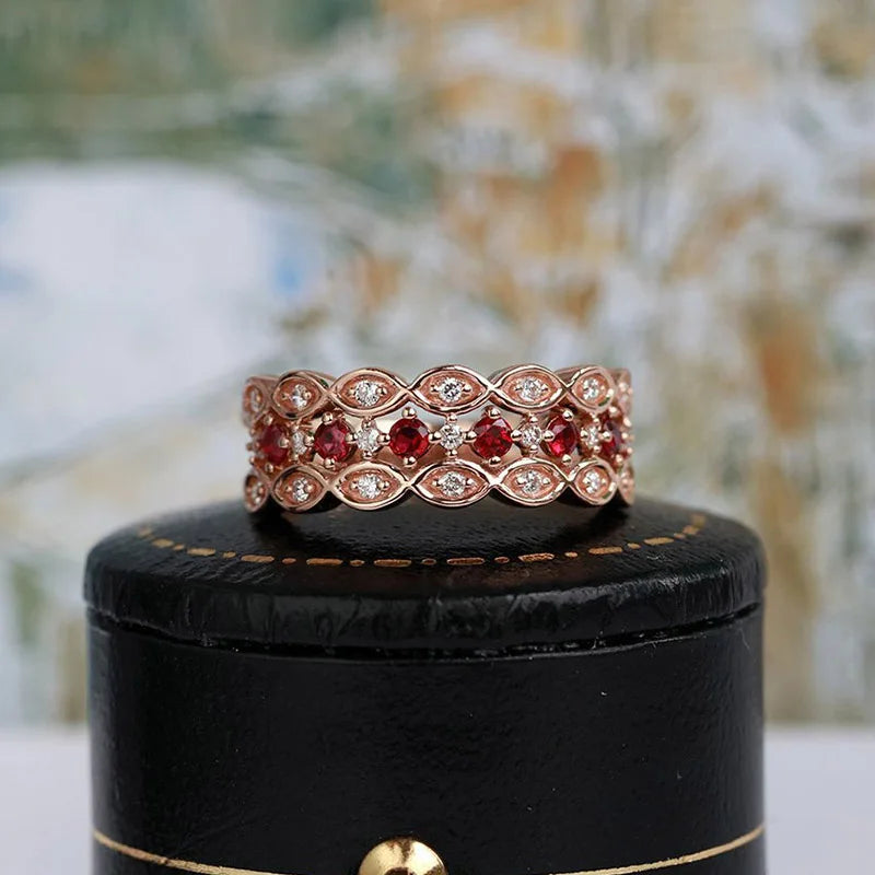 925 Silver Women's Ring European American Princess Rose Ruby Engagement