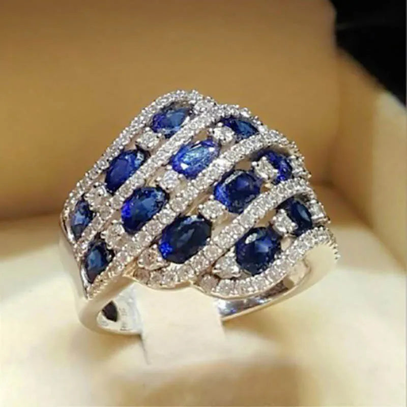 925 Silver Ring with Sapphire Conch Shape, Size 6-10