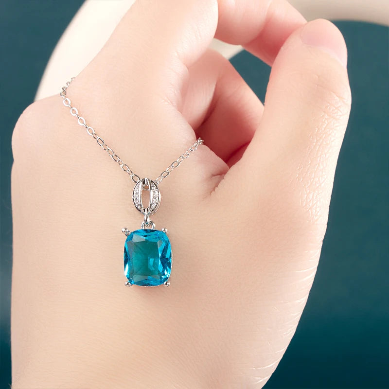 Silver 925 Geometry Gemstone Pendant Aquamarine Necklace