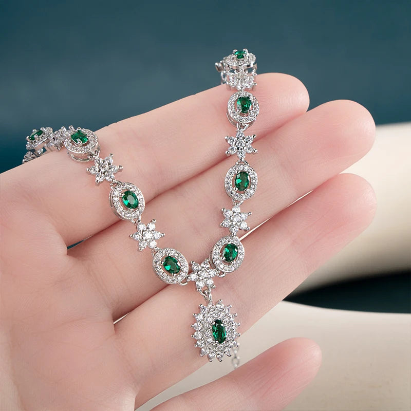 925 Silver Necklace with Round Emerald Gemstones
