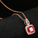 925 Silver Necklace Rose Square Ruby Pendant Women's Gift