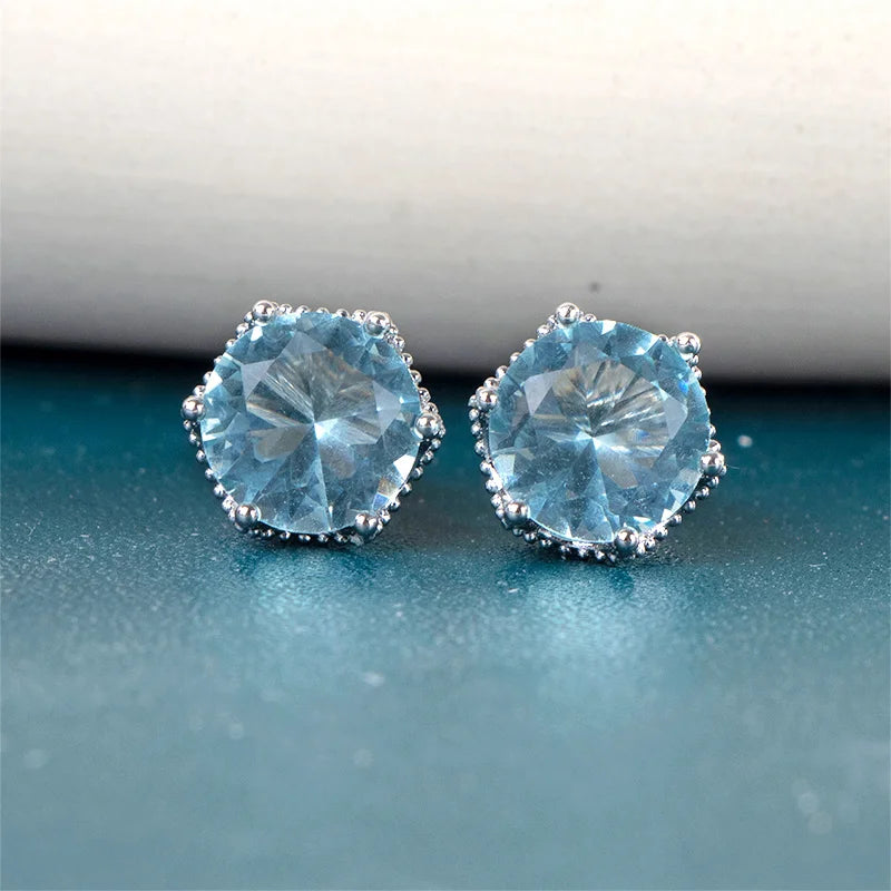 Silver Stud Earrings Women Aquamarine Ear-stud Party Jewelry Gift