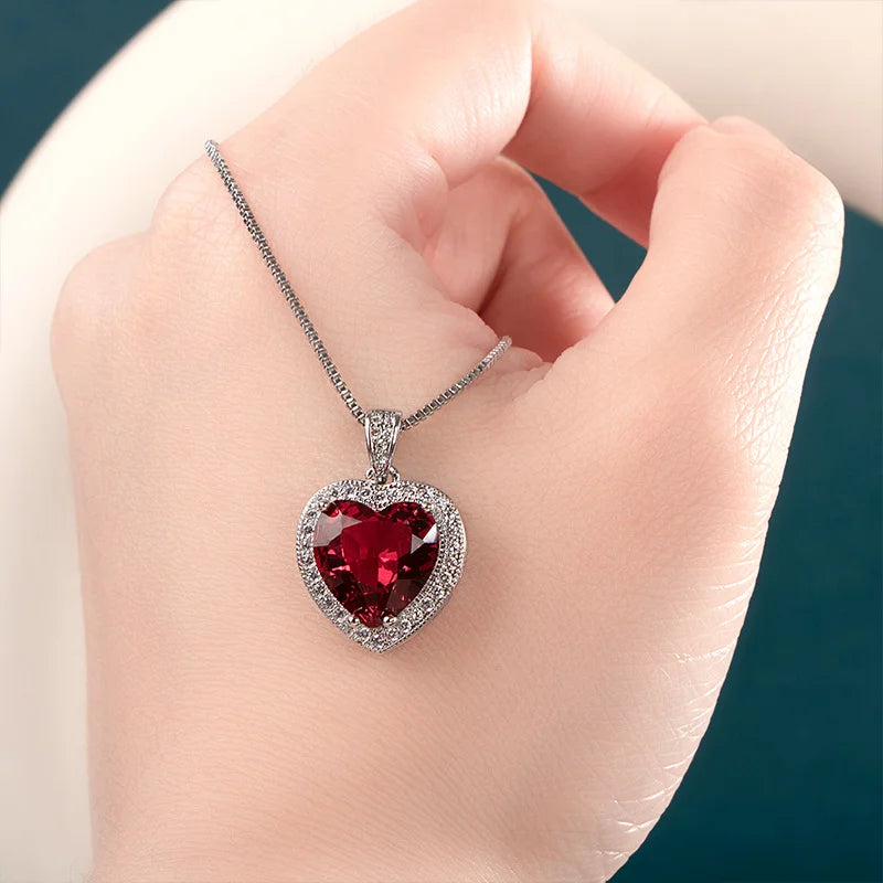 Heart Ruby Pendant Silver Necklace Zircon Jewelry