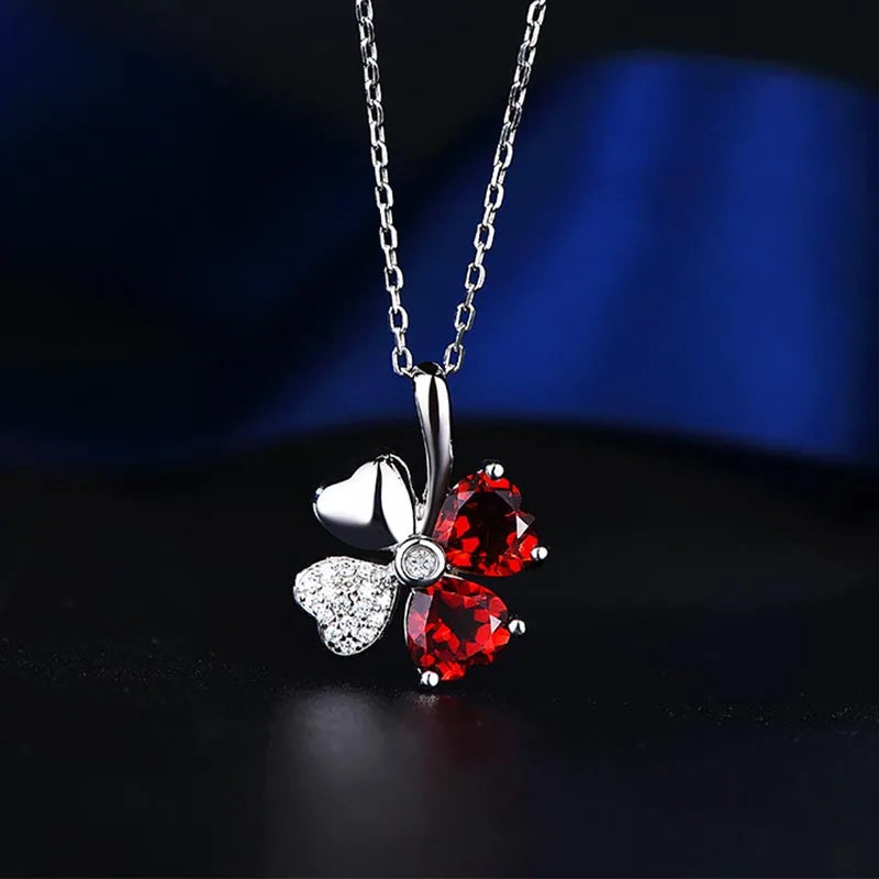 925 Silver Necklace Pendant Rose Necklace with Lucky Clover Garnet Pendant