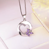 Silver 925 Necklace Pendant Amethyst Bow Heart Romantic Women's Party Gift