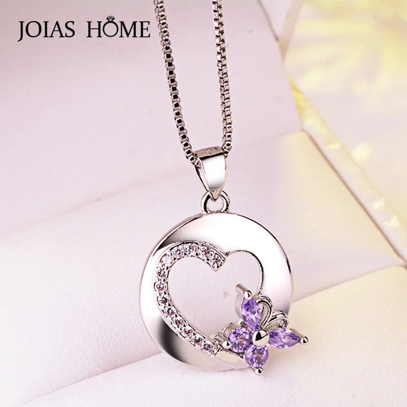 Silver 925 Necklace Pendant Amethyst Bow Heart Romantic Women's Party Gift