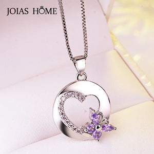 Silver 925 Necklace Pendant Amethyst Bow Heart Romantic Women's Party Gift