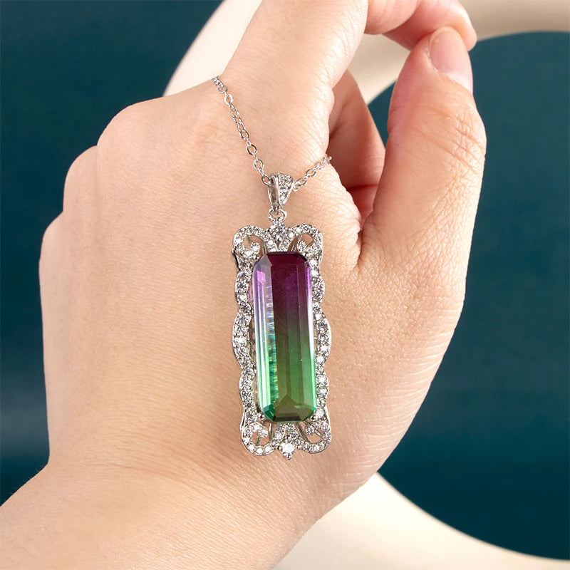 Colorful Long Square CZ Pendant Necklace For Women